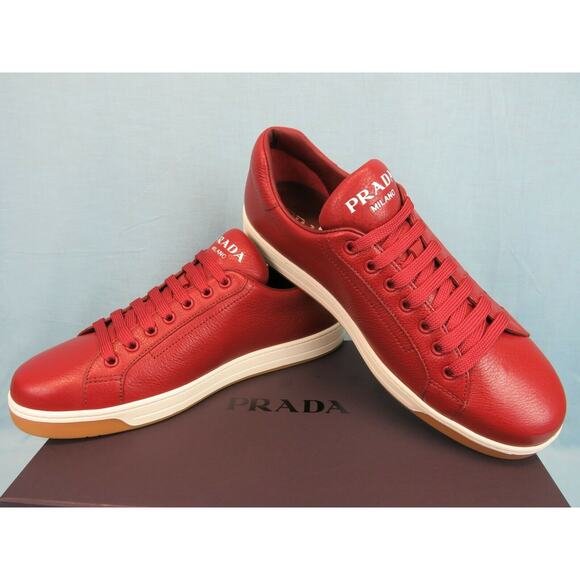 NIB PRADA 4E3507 RED TEXTURED LEATHER LACE UP LOGO LOW TOP SNEAKERS 7 US 8 - Picture 9 of 12
